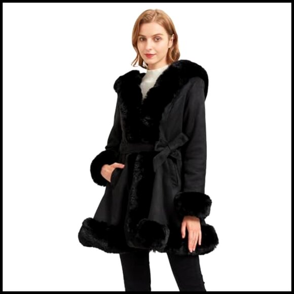 Faux Fur Collar Suede Jacket Belted Parka Coat Winter Outerwear Long Sleeve - Picture 2 of 6